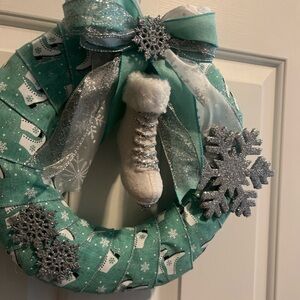 Festive Teal and Silver  Ice Skating 12 Inch Holiday Wreath